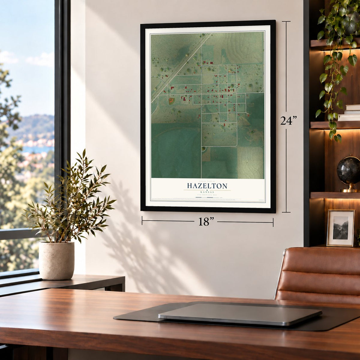 Hazelton, Kansas map, 18 x 24 inch print in a black frame in a home office