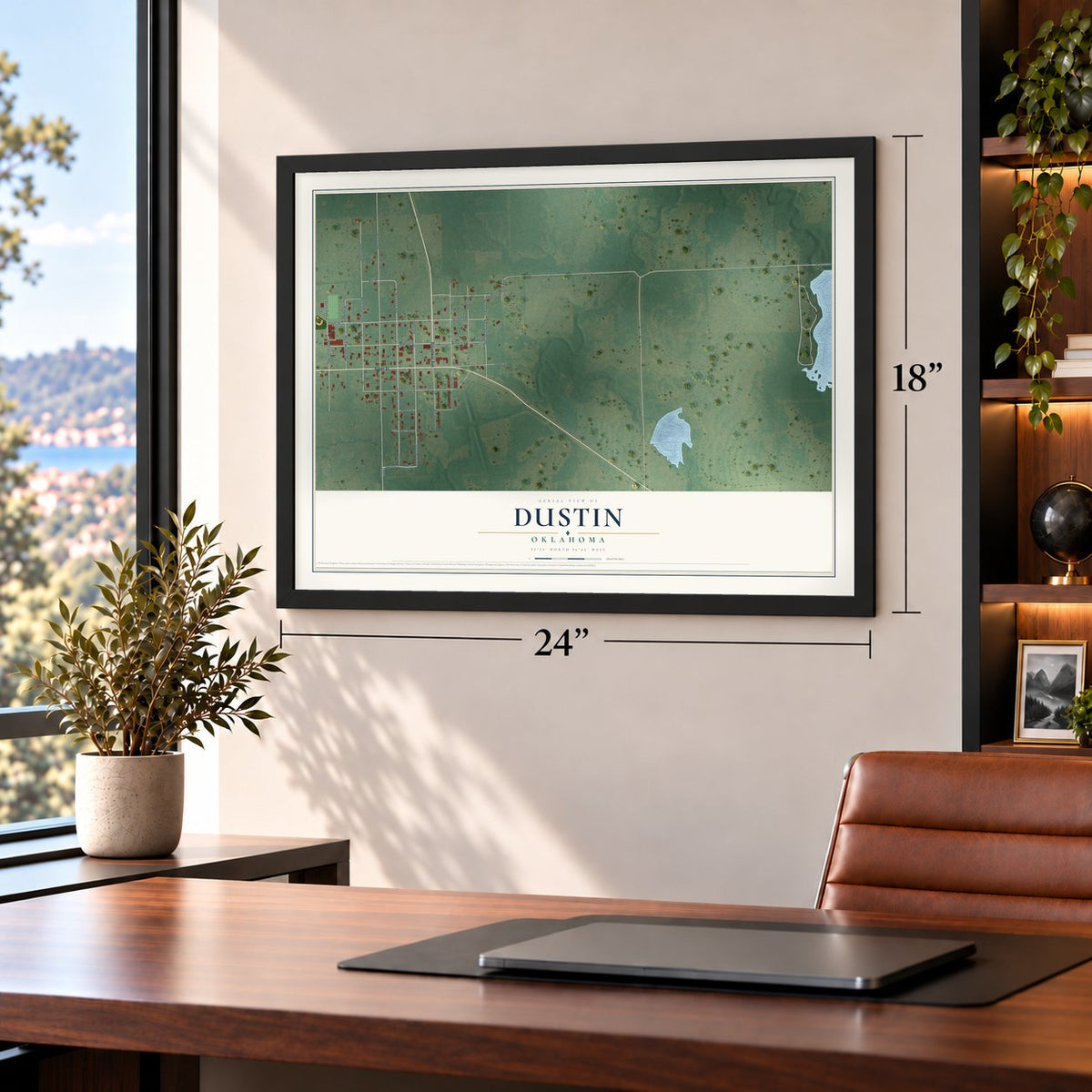 Dustin, Oklahoma map, 18 x 24 inch print in a black frame in a home office
