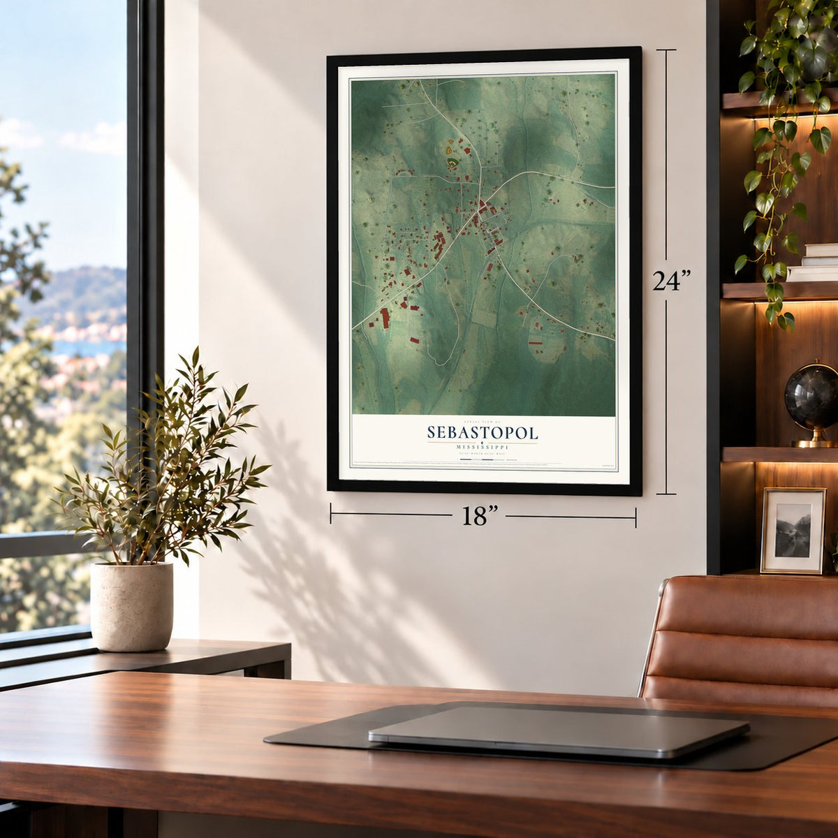 Sebastopol, Mississippi map, 18 x 24 inch print in a black frame in a home office