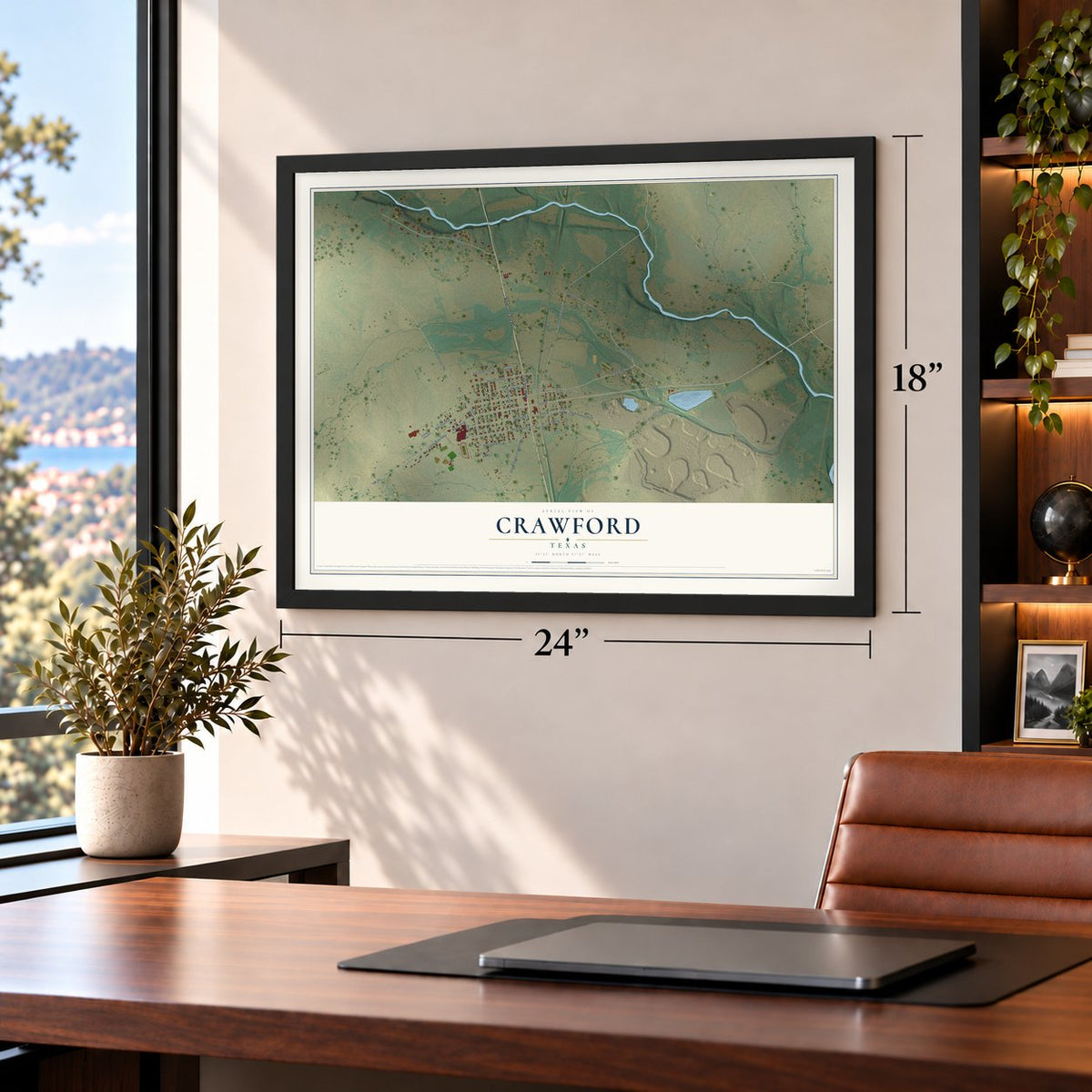 Crawford, Texas map, 18 x 24 inch print in a black frame in a home office