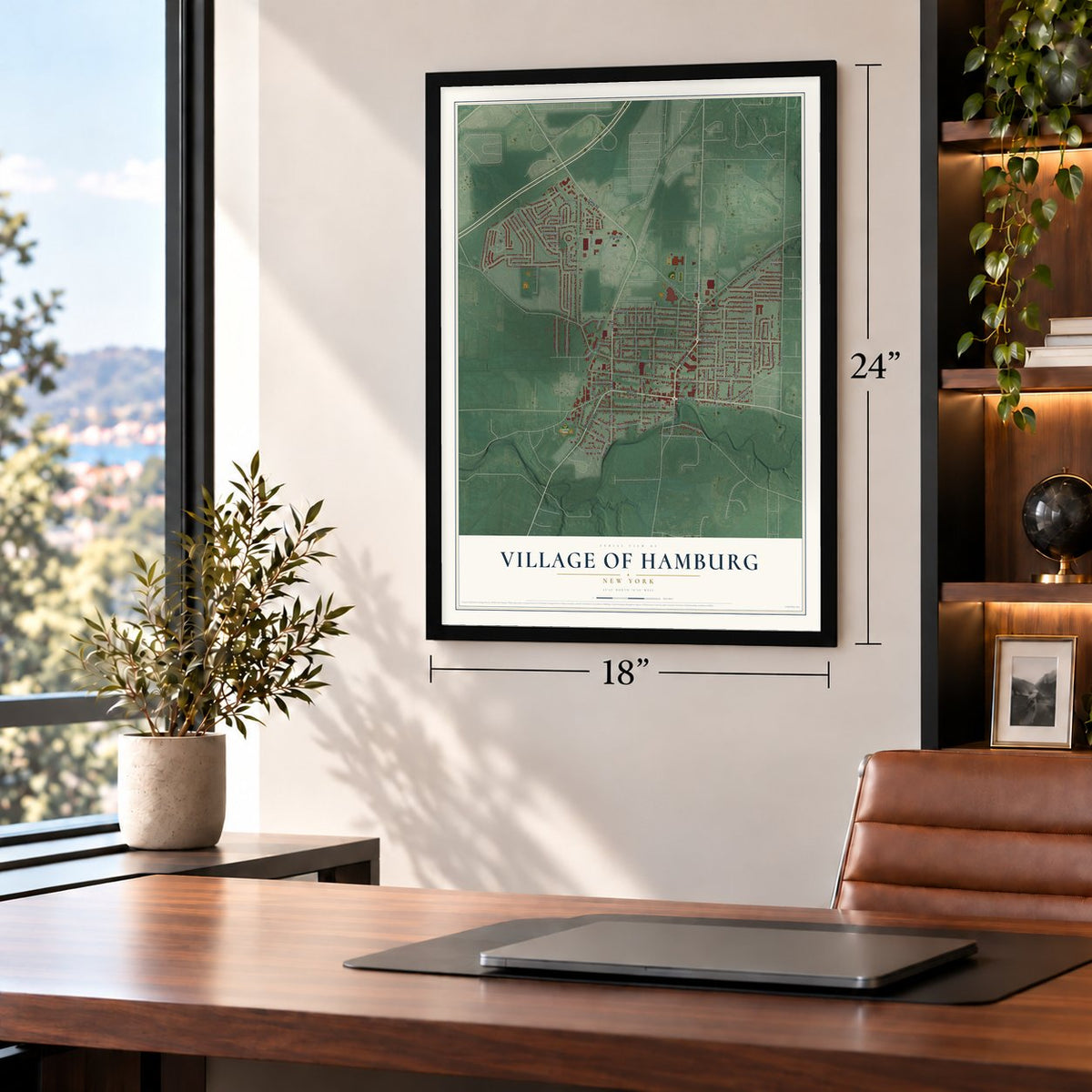 Village of Hamburg, New York map, 18 x 24 inch print in a black frame in a home office