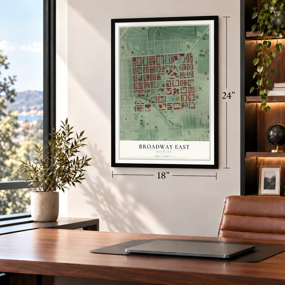 Broadway East, Maryland map, 18 x 24 inch print in a black frame in a home office