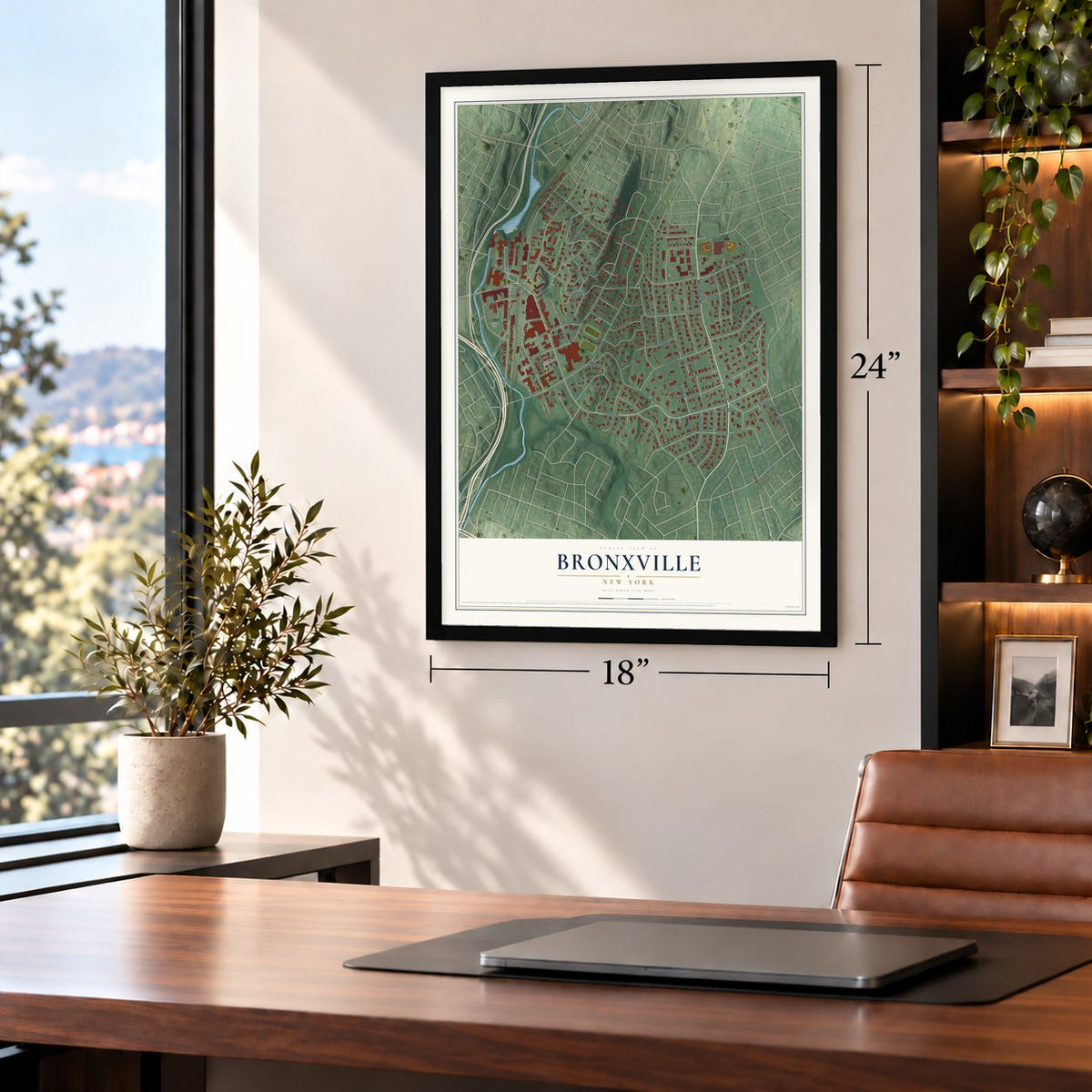Bronxville, New York map, 18 x 24 inch print in a black frame in a home office
