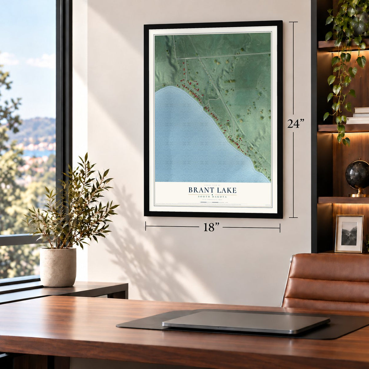 Brant Lake, South Dakota map, 18 x 24 inch print in a black frame in a home office