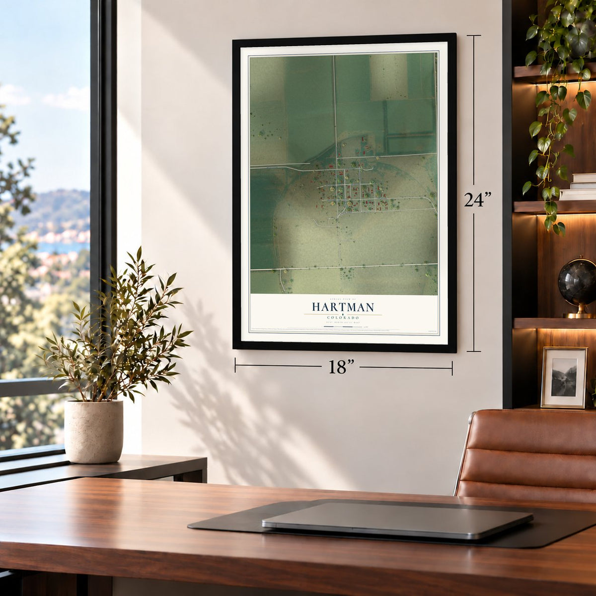 Hartman, Colorado map, 18 x 24 inch print in a black frame in a home office