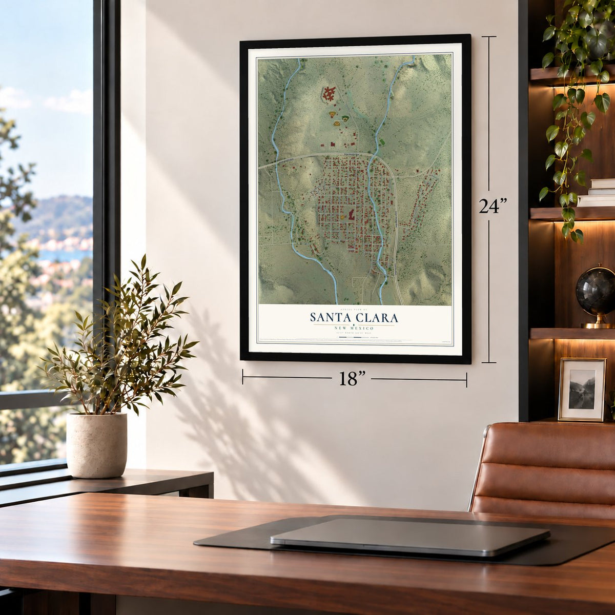 Santa Clara, New Mexico map, 18 x 24 inch print in a black frame in a home office
