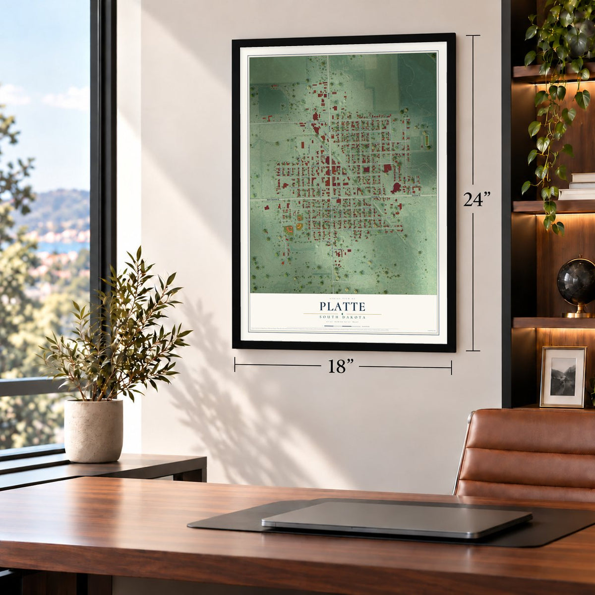 Platte, South Dakota map, 18 x 24 inch print in a black frame in a home office