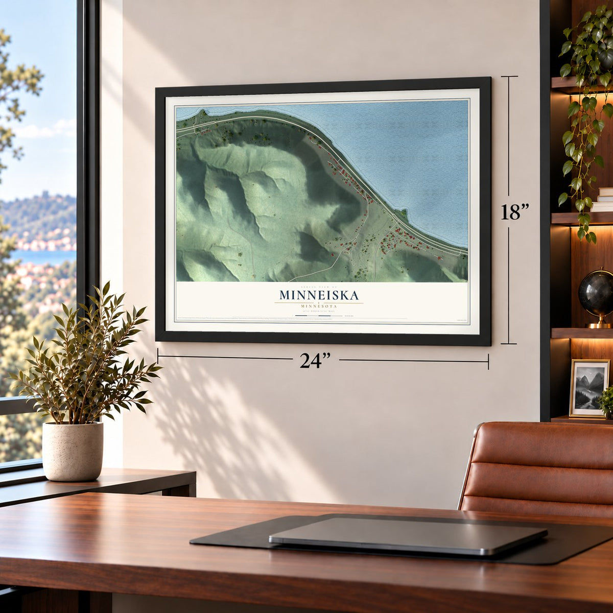 Minneiska, Minnesota map, 18 x 24 inch print in a black frame in a home office