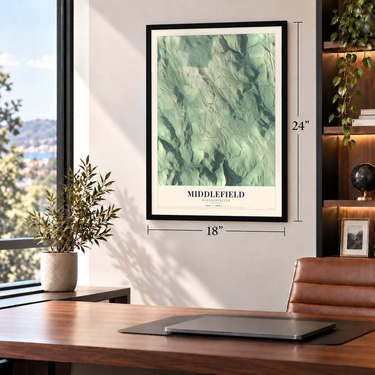 Middlefield, Massachusetts map, 18 x 24 inch print in a black frame in a home office