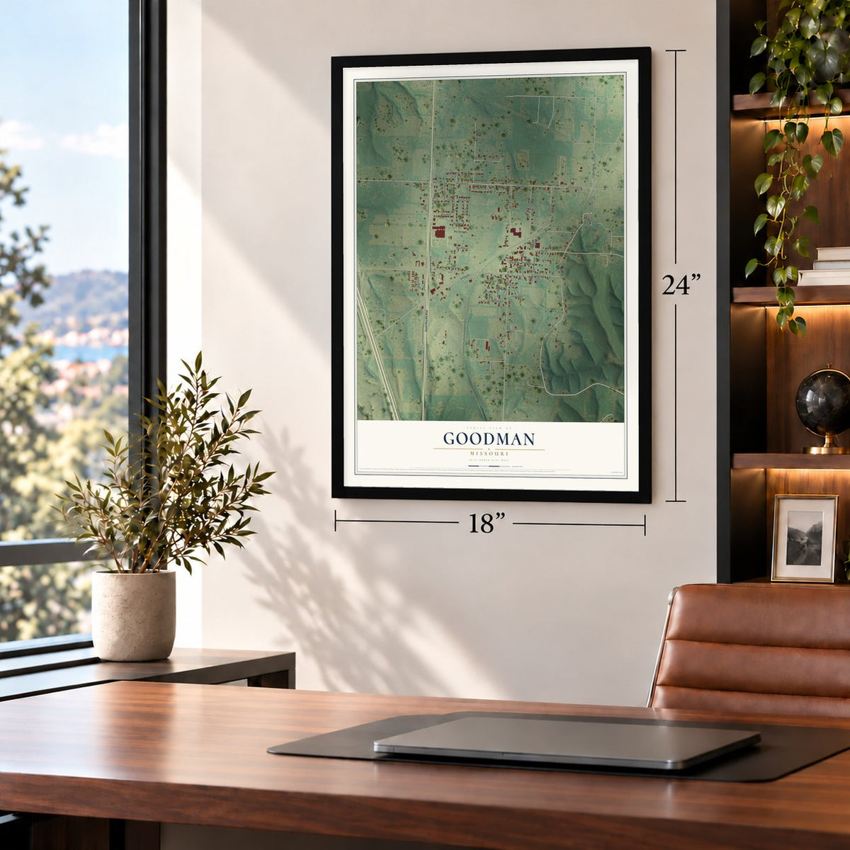 Goodman, Missouri map, 18 x 24 inch print in a black frame in a home office