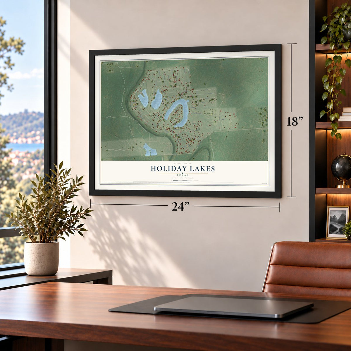 Holiday Lakes, Texas map, 18 x 24 inch print in a black frame in a home office