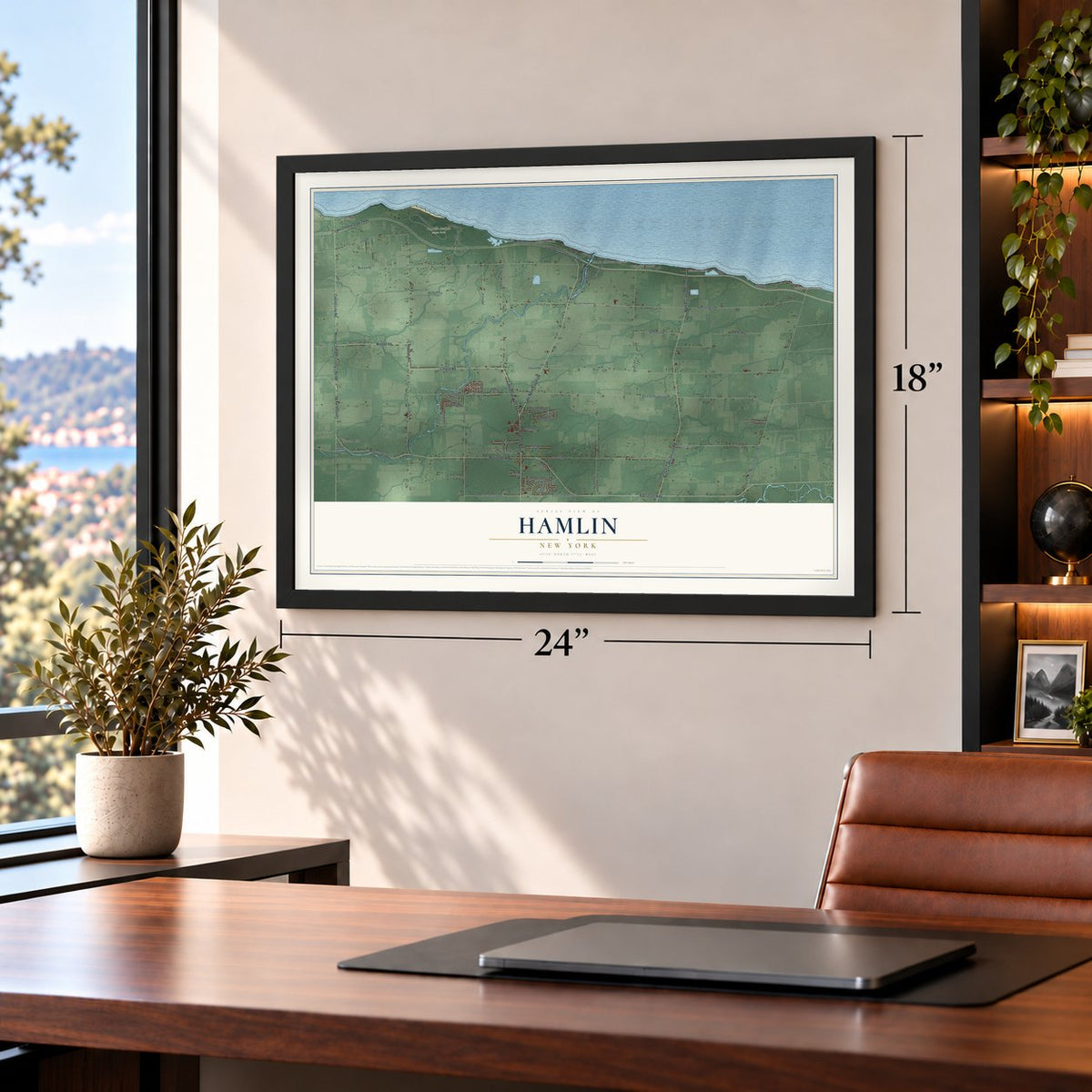 Hamlin, New York map, 18 x 24 inch print in a black frame in a home office