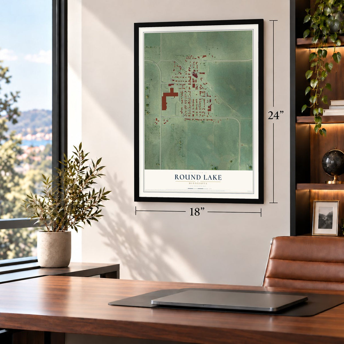 Round Lake, Minnesota map, 18 x 24 inch print in a black frame in a home office