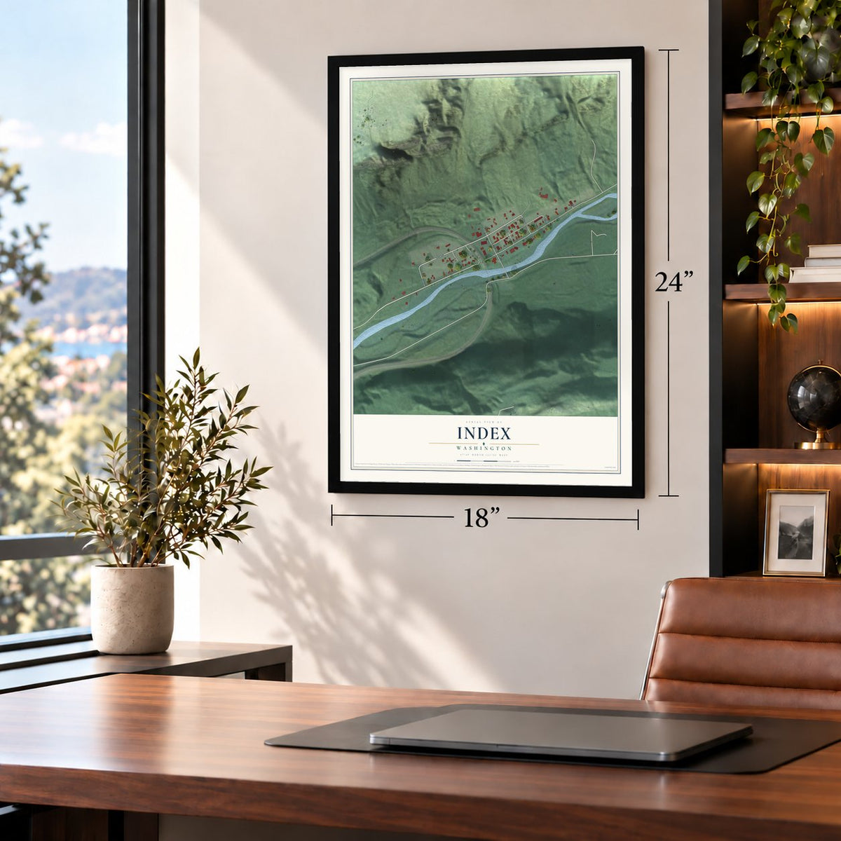 Index, Washington map, 18 x 24 inch print in a black frame in a home office