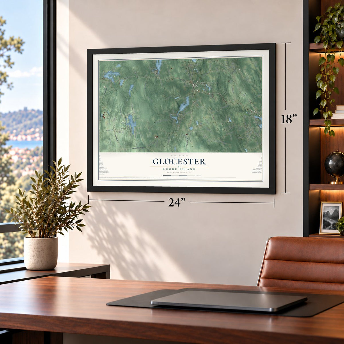 Glocester, Rhode Island map, 18 x 24 inch print in a black frame in a home office