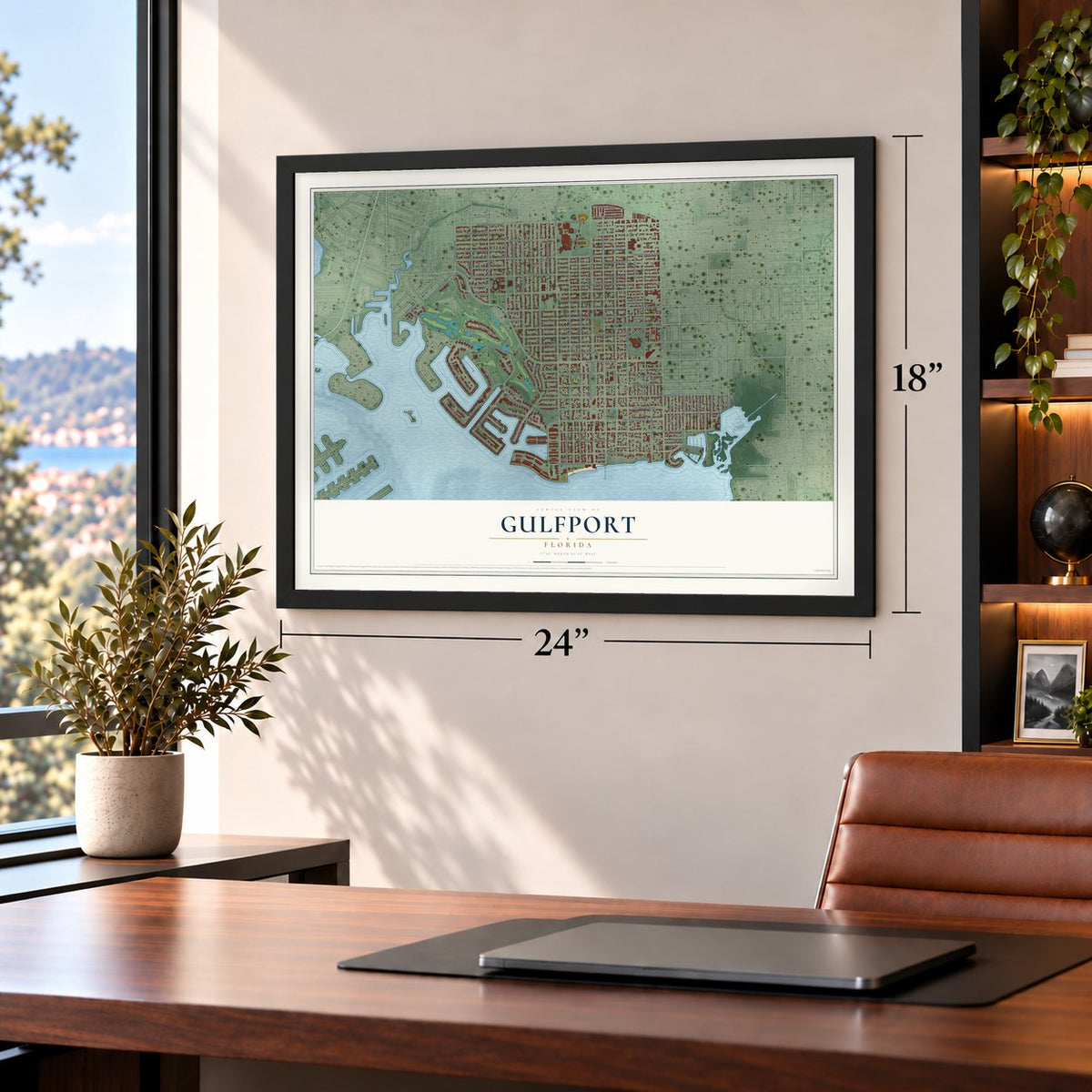 Gulfport, Florida map, 18 x 24 inch print in a black frame in a home office