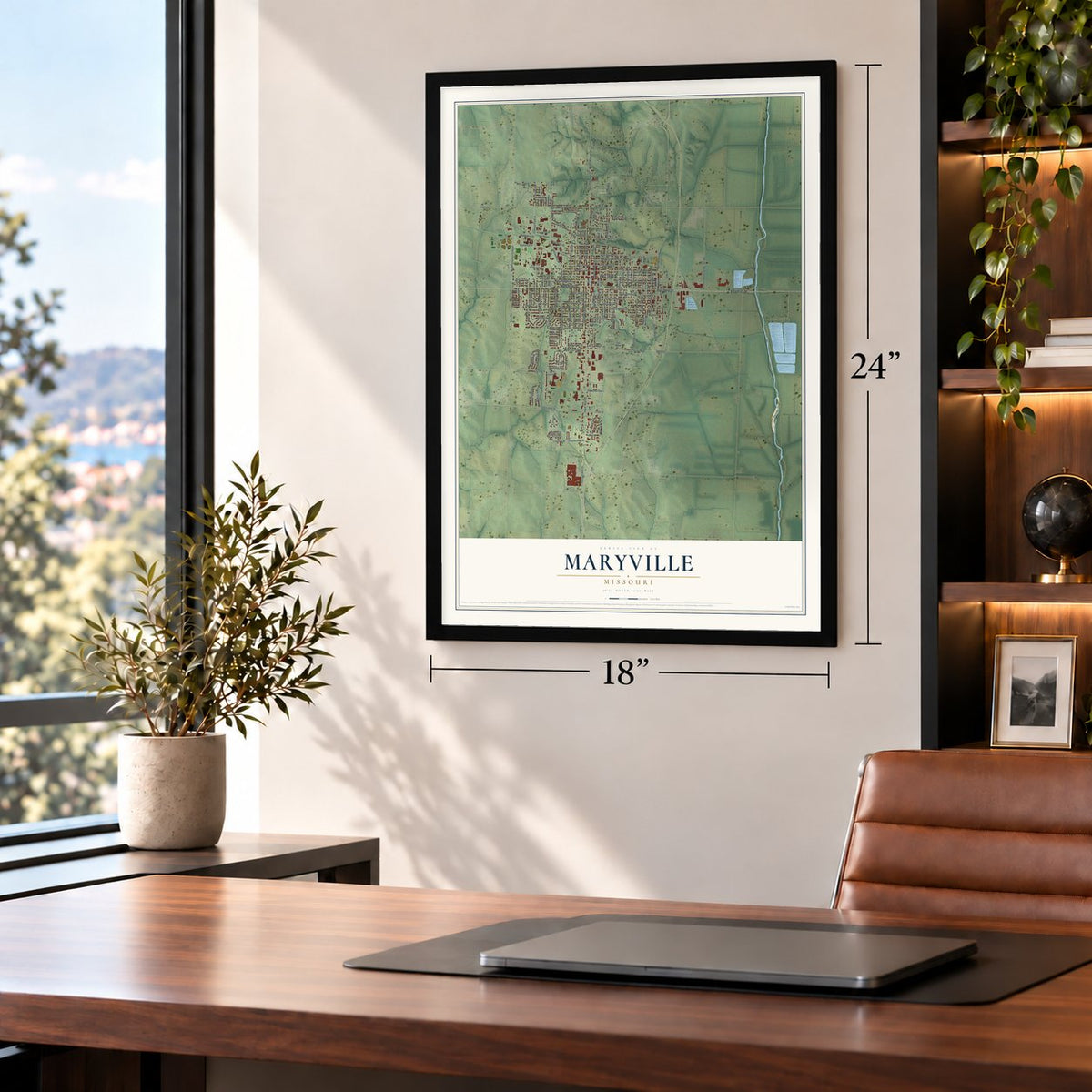 Maryville, Missouri map, 18 x 24 inch print in a black frame in a home office