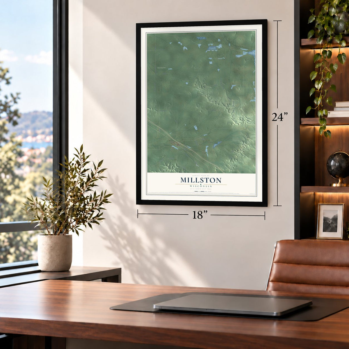 Millston, Wisconsin map, 18 x 24 inch print in a black frame in a home office