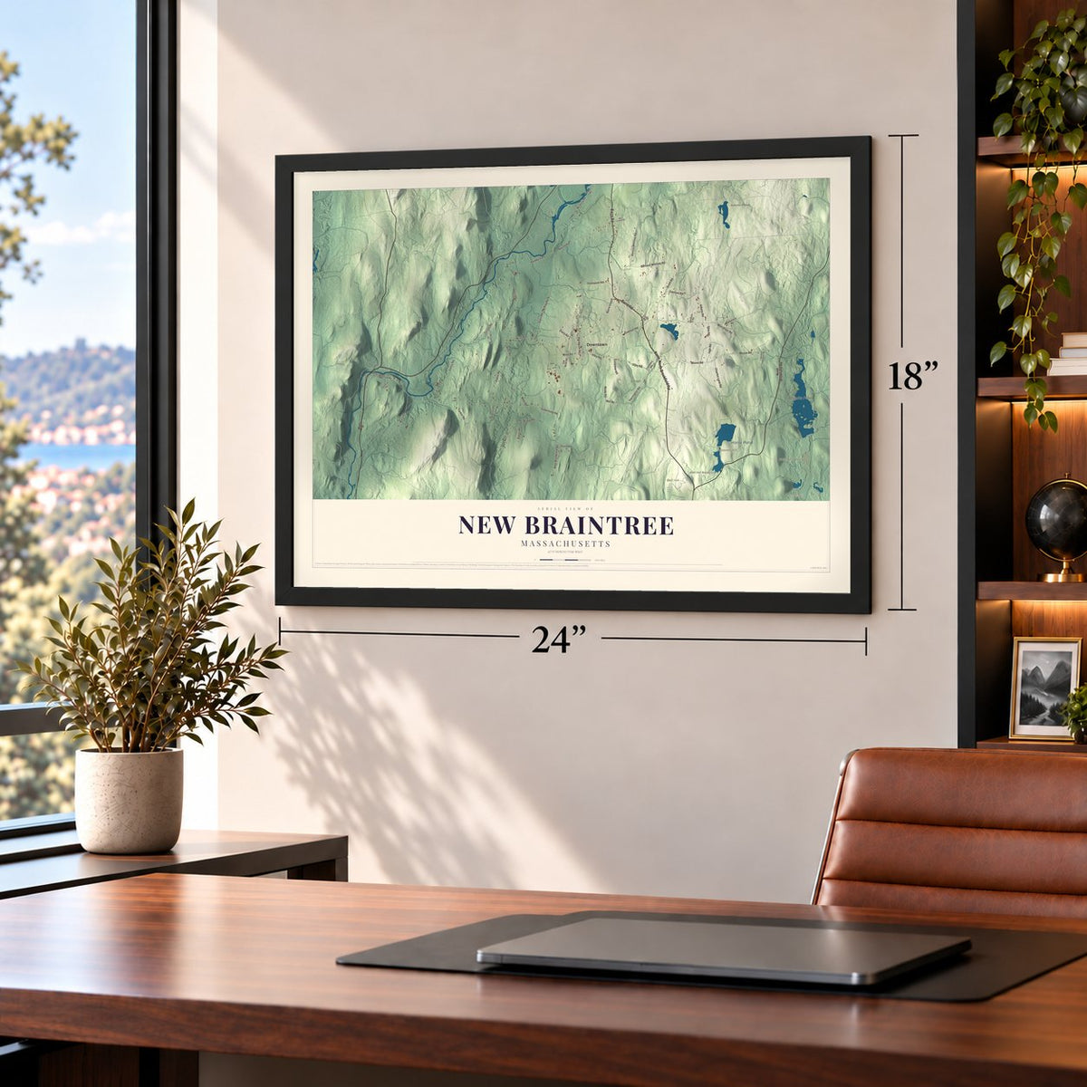 New Braintree, Massachusetts map, 18 x 24 inch print in a black frame in a home office