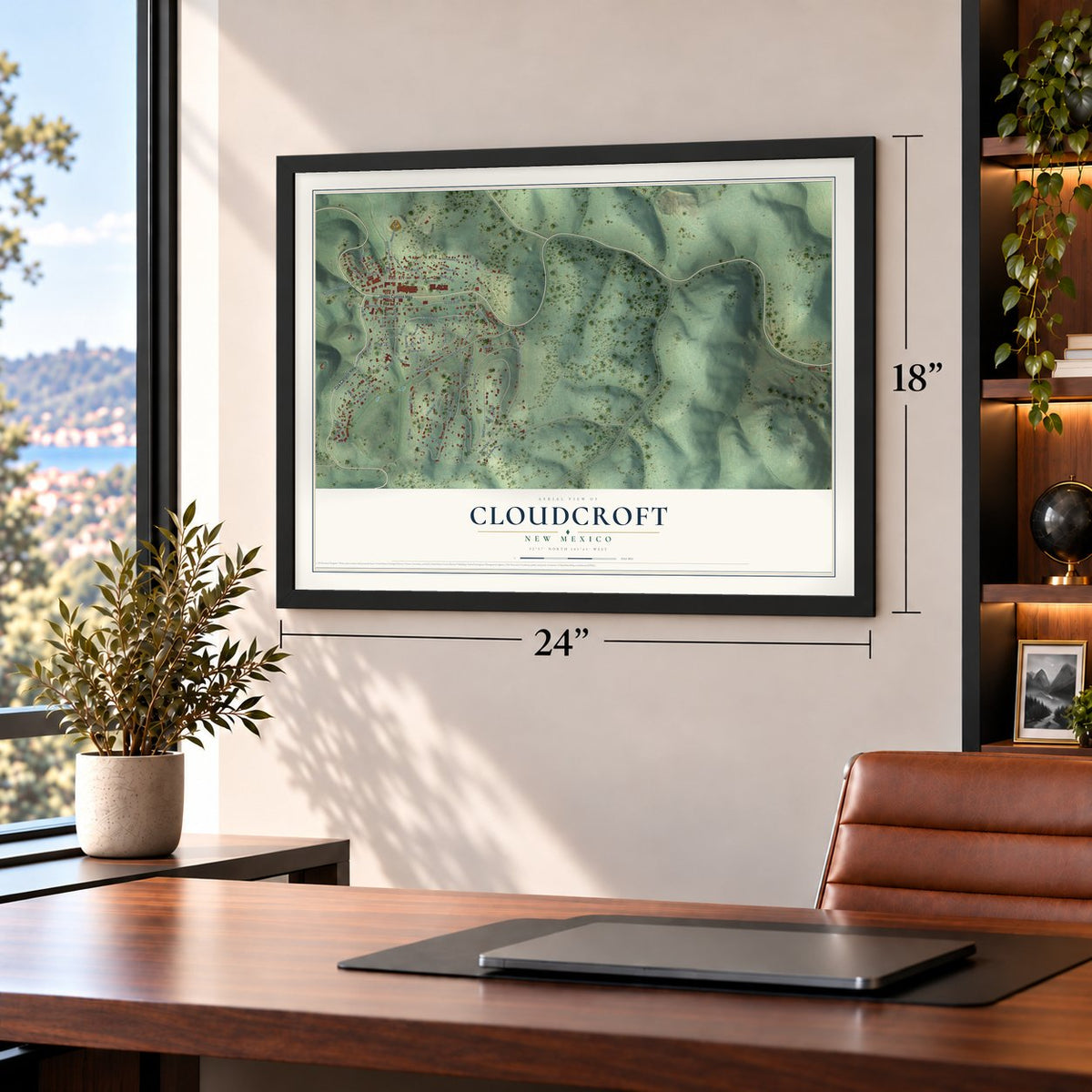 Cloudcroft, New Mexico map, 18 x 24 inch print in a black frame in a home office