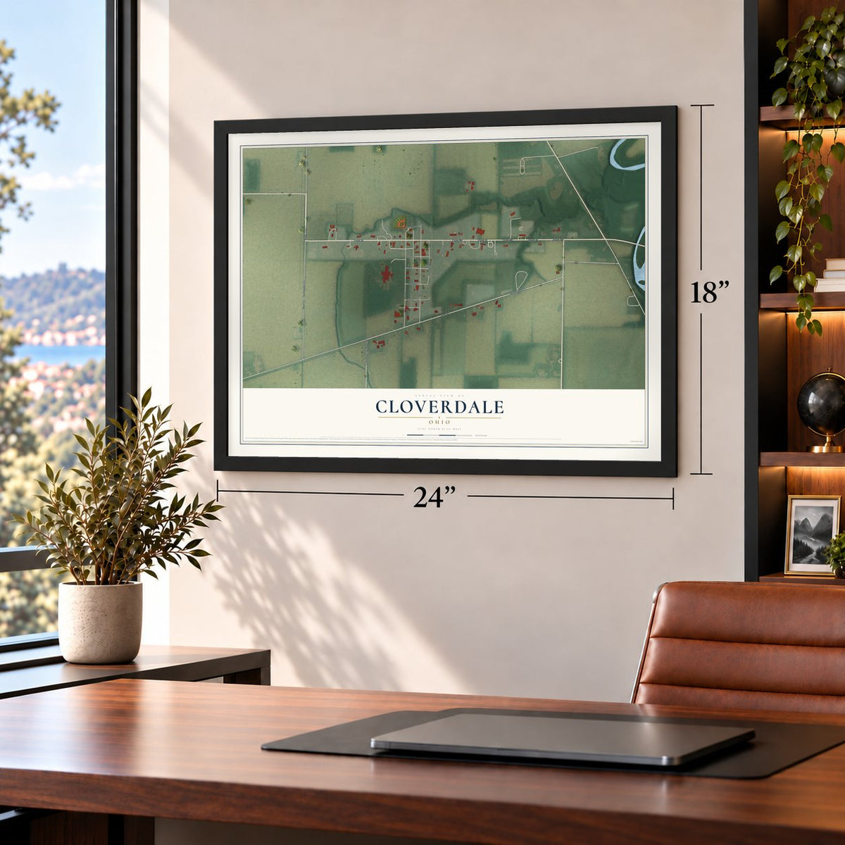 Cloverdale, Ohio map, 18 x 24 inch print in a black frame in a home office