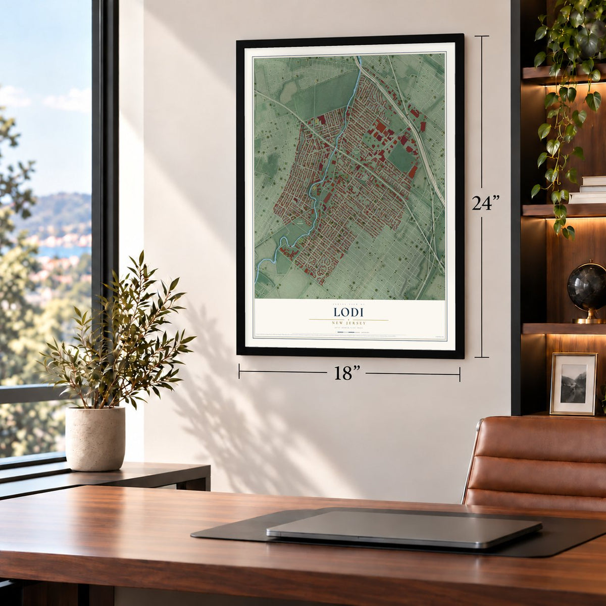 Lodi, New Jersey map, 18 x 24 inch print in a black frame in a home office