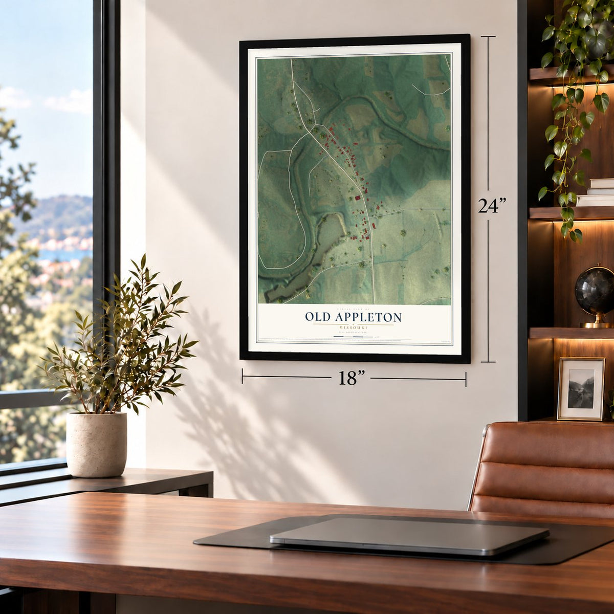 Old Appleton, Missouri map, 18 x 24 inch print in a black frame in a home office
