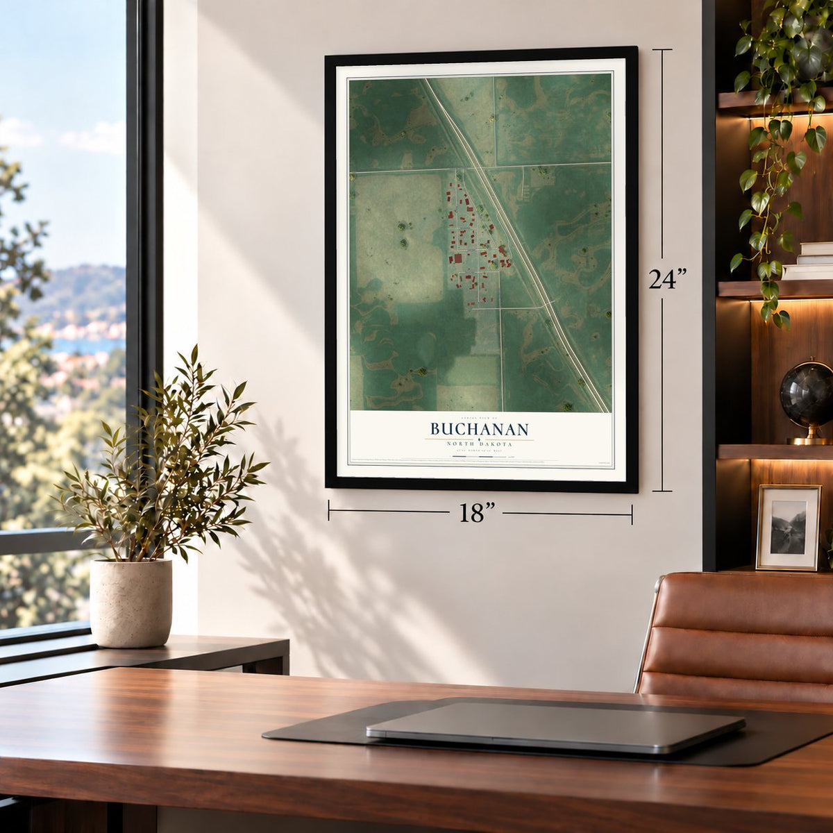 Buchanan, North Dakota map, 18 x 24 inch print in a black frame in a home office