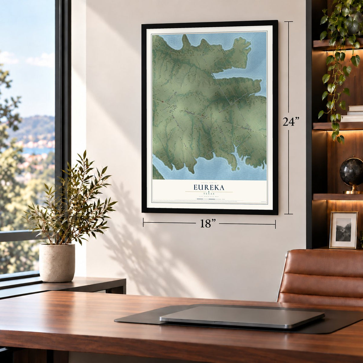 Eureka, Texas map, 18 x 24 inch print in a black frame in a home office