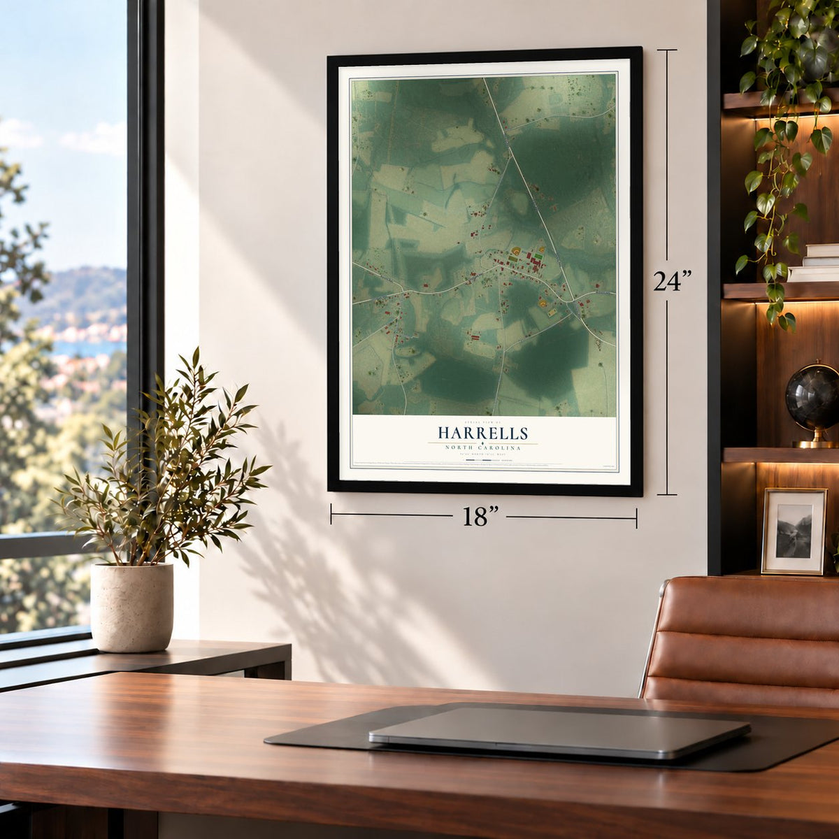 Harrells, North Carolina map, 18 x 24 inch print in a black frame in a home office