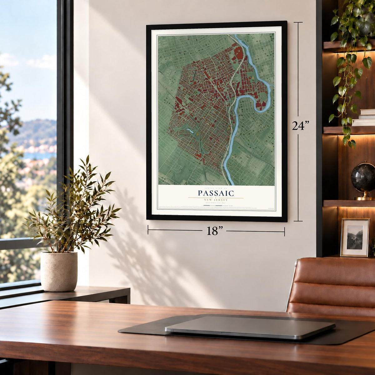 Passaic, New Jersey map, 18 x 24 inch print in a black frame in a home office