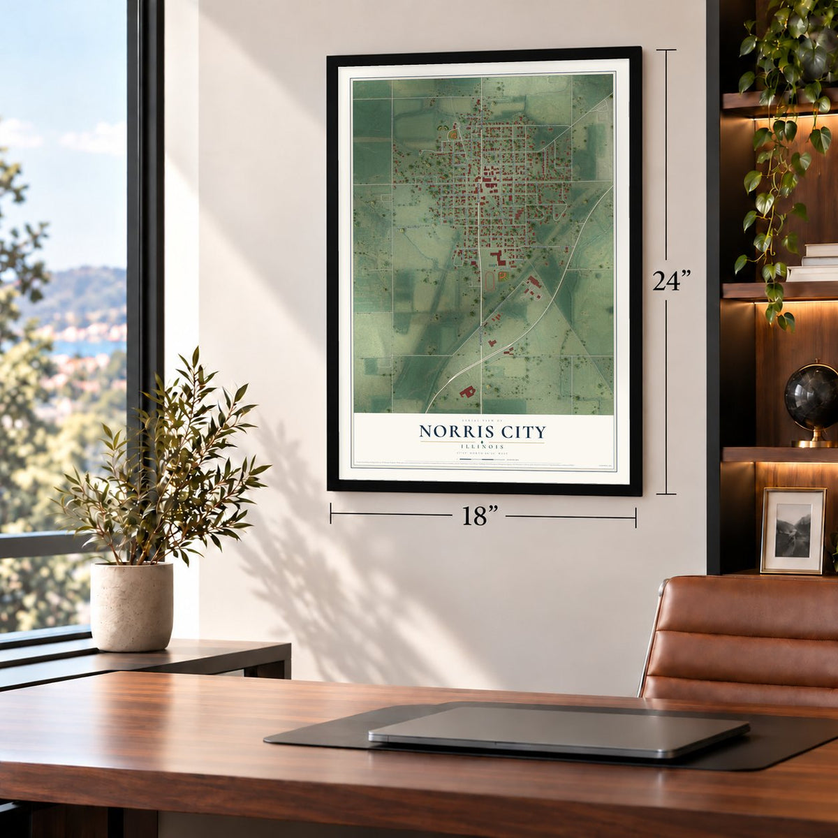 Norris City, Illinois map, 18 x 24 inch print in a black frame in a home office