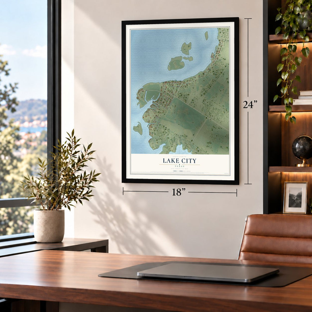 Lake City, Texas map, 18 x 24 inch print in a black frame in a home office