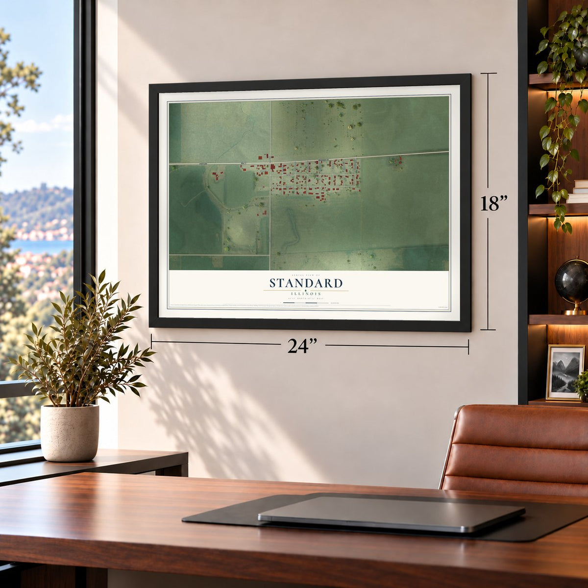 Standard, Illinois map, 18 x 24 inch print in a black frame in a home office
