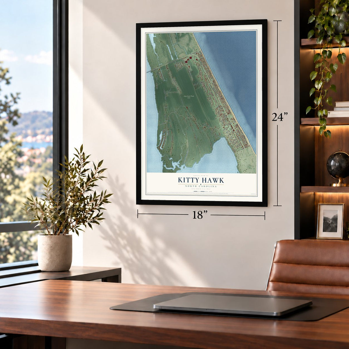 Kitty Hawk, North Carolina map, 18 x 24 inch print in a black frame in a home office