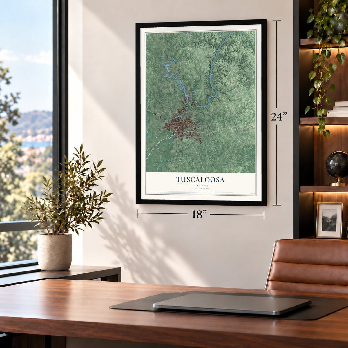 Tuscaloosa, Alabama map, 18 x 24 inch print in a black frame in a home office