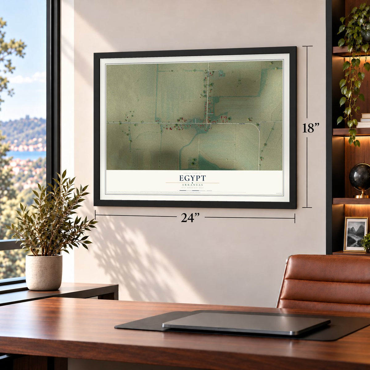 Egypt, Arkansas map, 18 x 24 inch print in a black frame in a home office