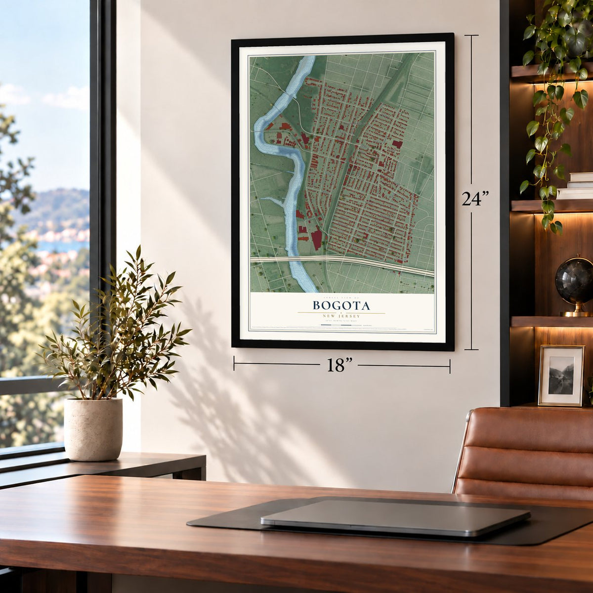 Bogota, New Jersey map, 18 x 24 inch print in a black frame in a home office