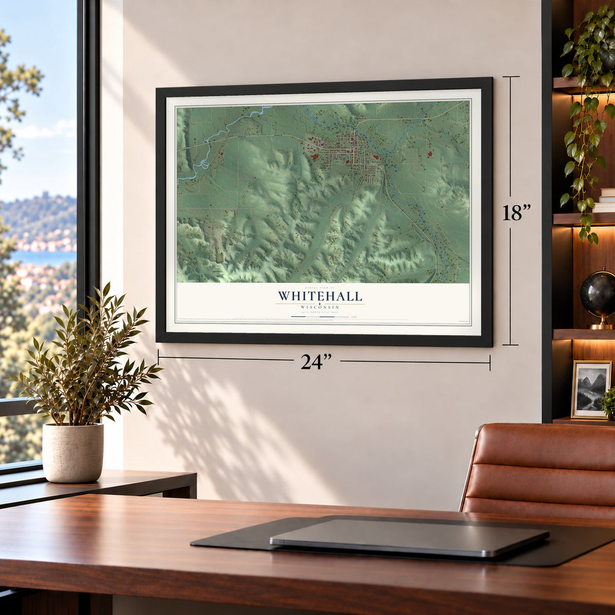 Whitehall, Wisconsin map, 18 x 24 inch print in a black frame in a home office