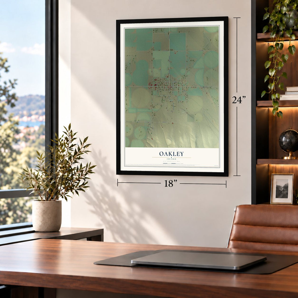 Oakley, Idaho map, 18 x 24 inch print in a black frame in a home office