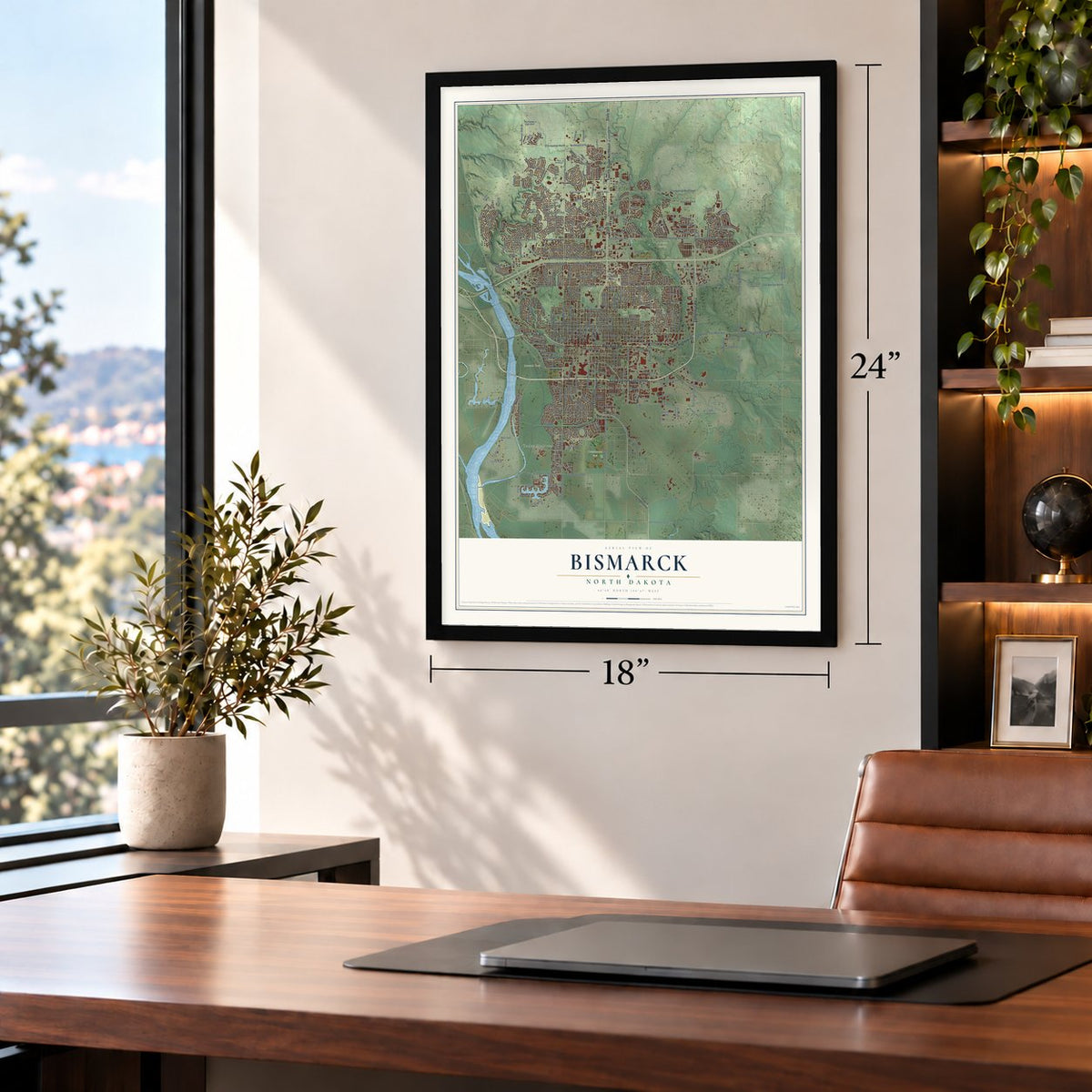 Bismarck, North Dakota map, 18 x 24 inch print in a black frame in a home office