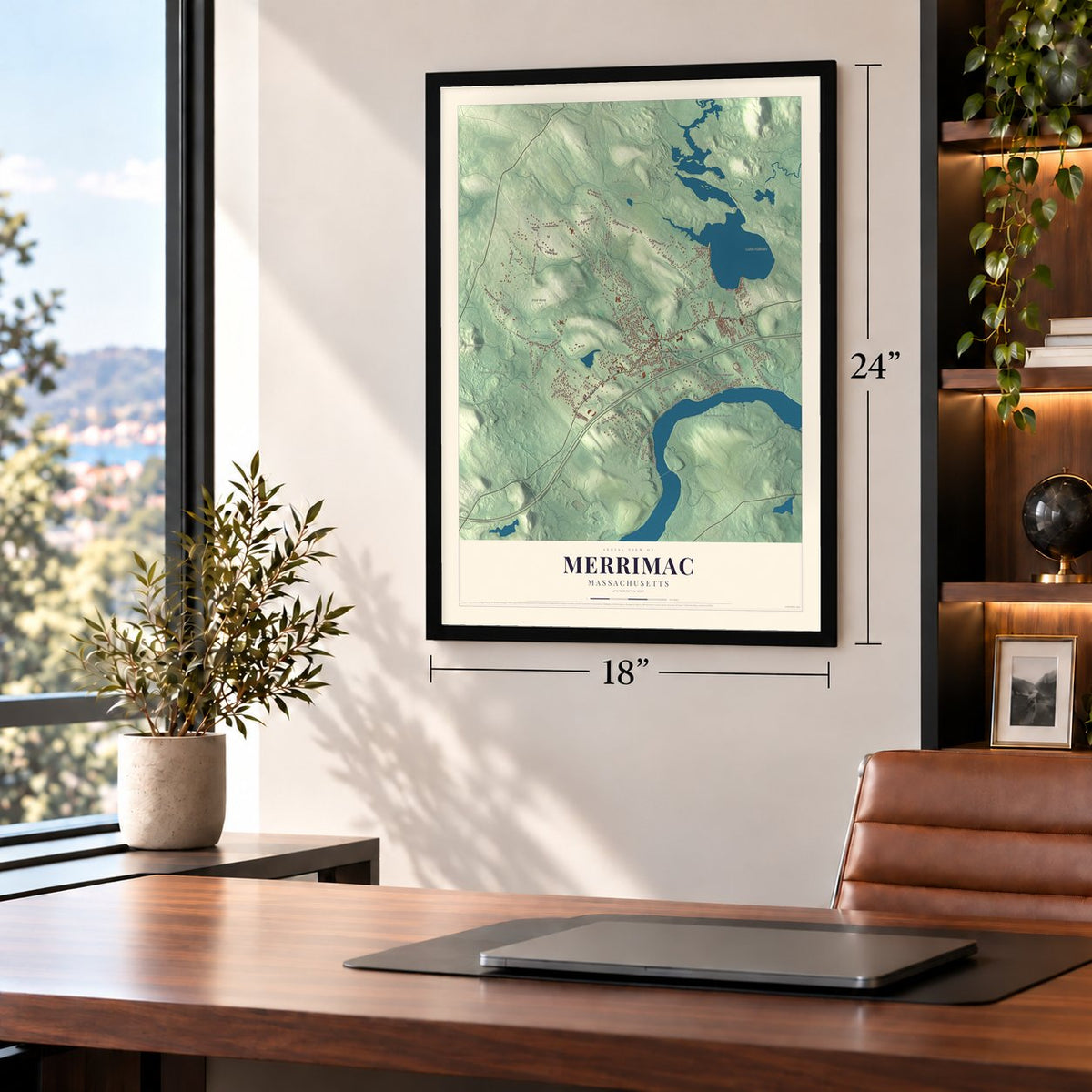 Merrimac, Massachusetts map, 18 x 24 inch print in a black frame in a home office