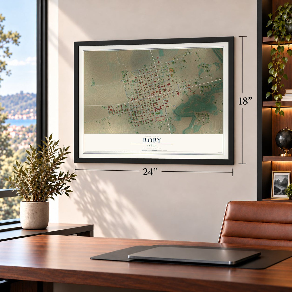 Roby, Texas map, 18 x 24 inch print in a black frame in a home office