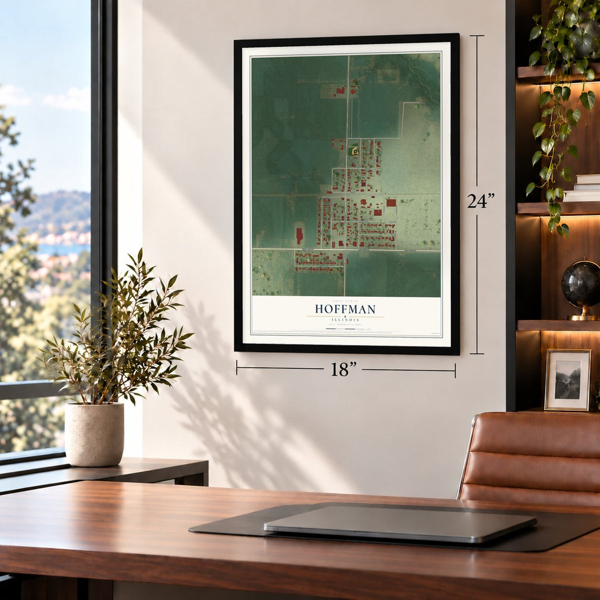 Hoffman, Illinois map, 18 x 24 inch print in a black frame in a home office