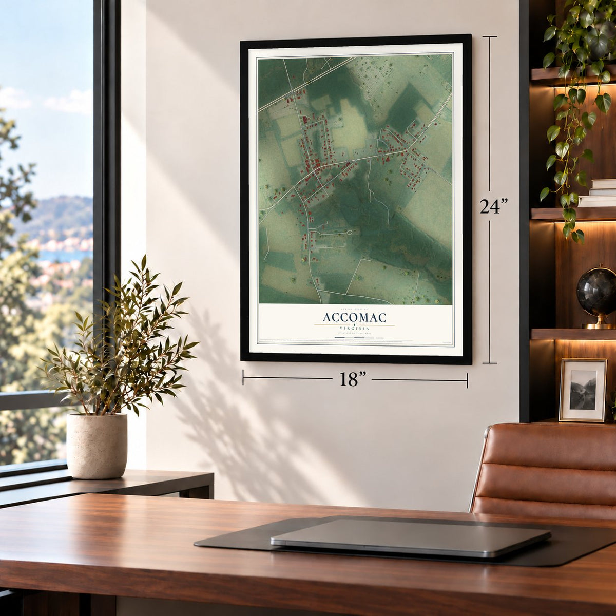 Accomac, Virginia map, 18 x 24 inch print in a black frame in a home office