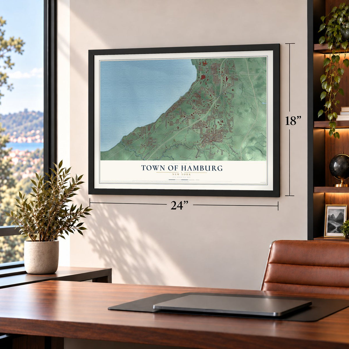 Town of Hamburg, New York map, 18 x 24 inch print in a black frame in a home office