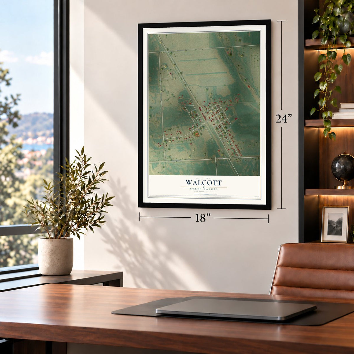 Walcott, North Dakota map, 18 x 24 inch print in a black frame in a home office