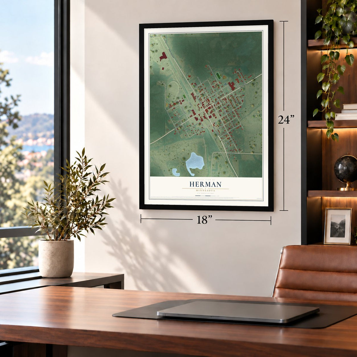 Herman, Minnesota map, 18 x 24 inch print in a black frame in a home office