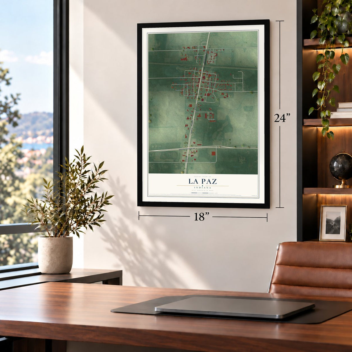 La Paz, Indiana map, 18 x 24 inch print in a black frame in a home office