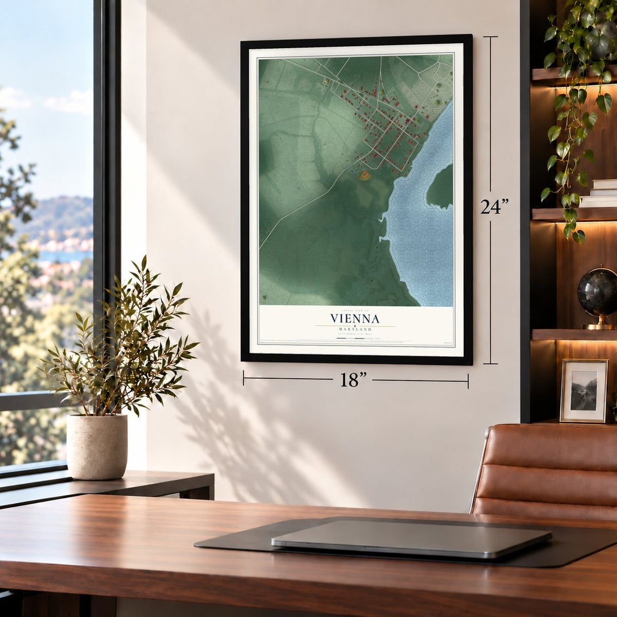Vienna, Maryland map, 18 x 24 inch print in a black frame in a home office